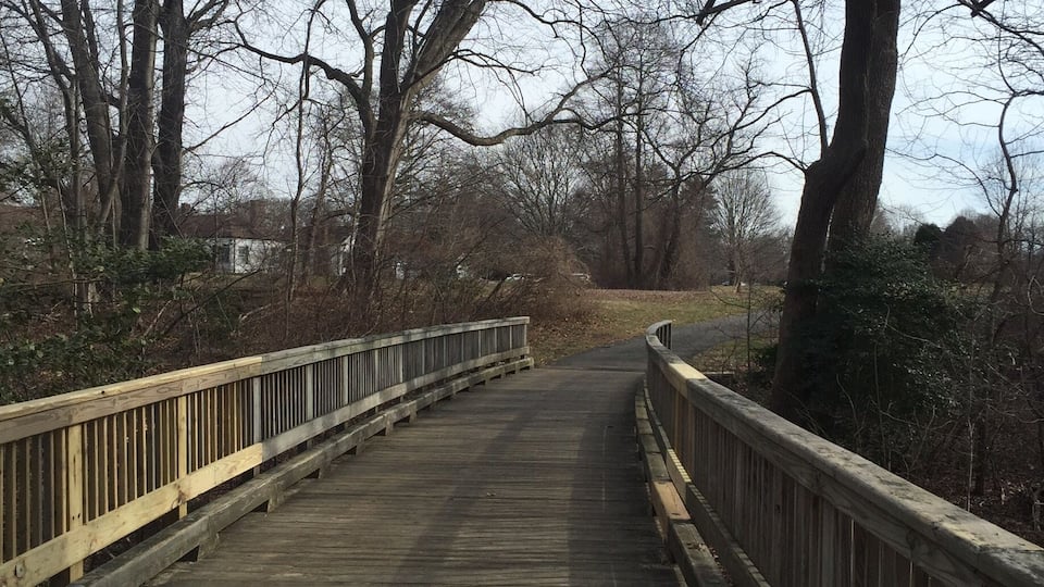A wooden bridge with railings, surrounded by leafless trees and a grassy area.