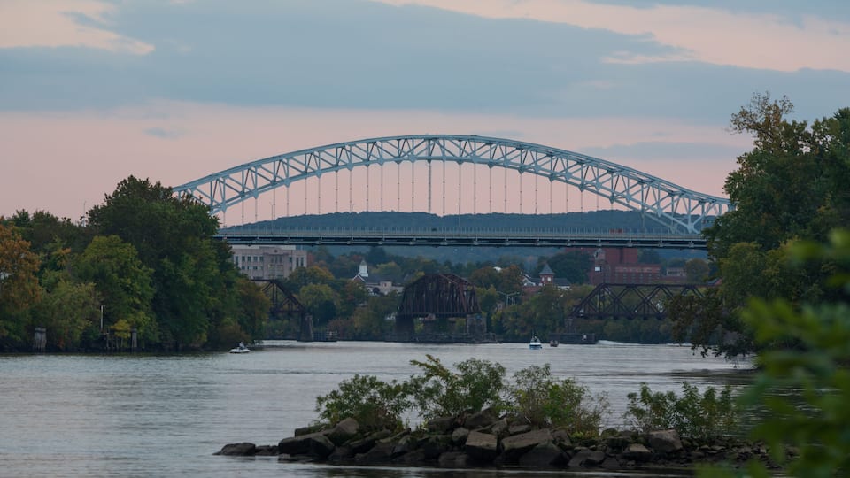 A large steel bridge spanning a river, surrounded by trees and buildings.
