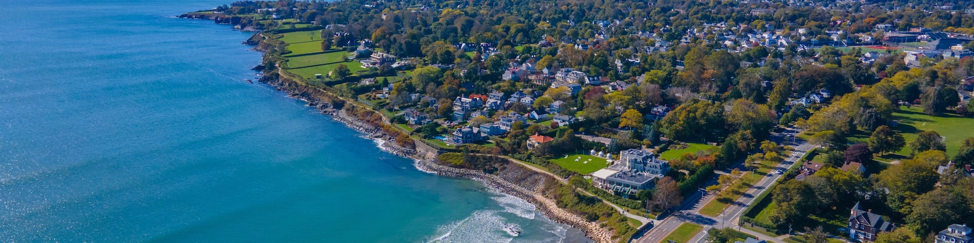 Easton Beach aerial view in fall between city of Newport and Middletown, Rhode Island RI, USA.