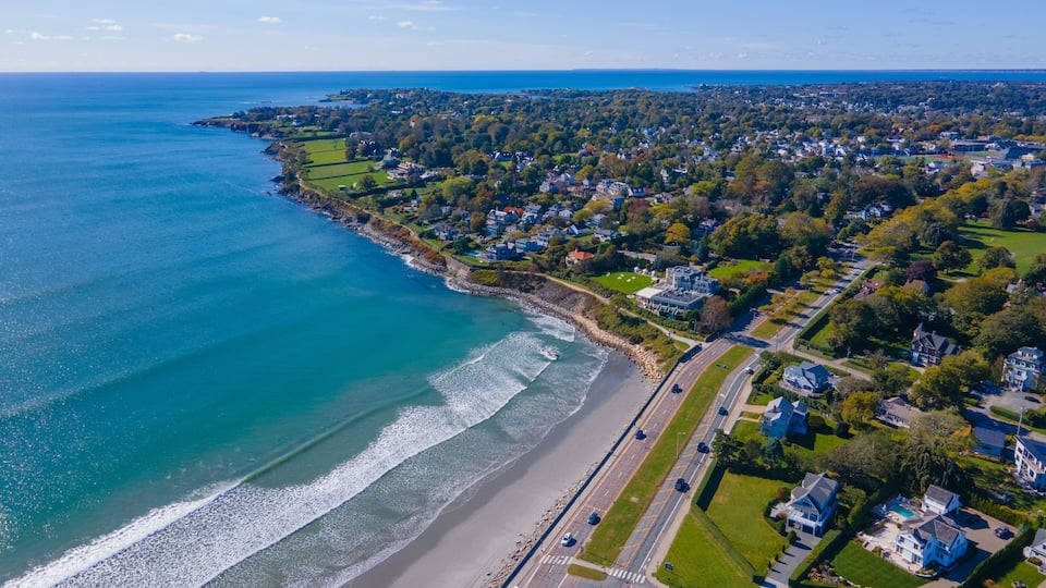 Easton Beach aerial view in fall between city of Newport and Middletown, Rhode Island RI, USA.