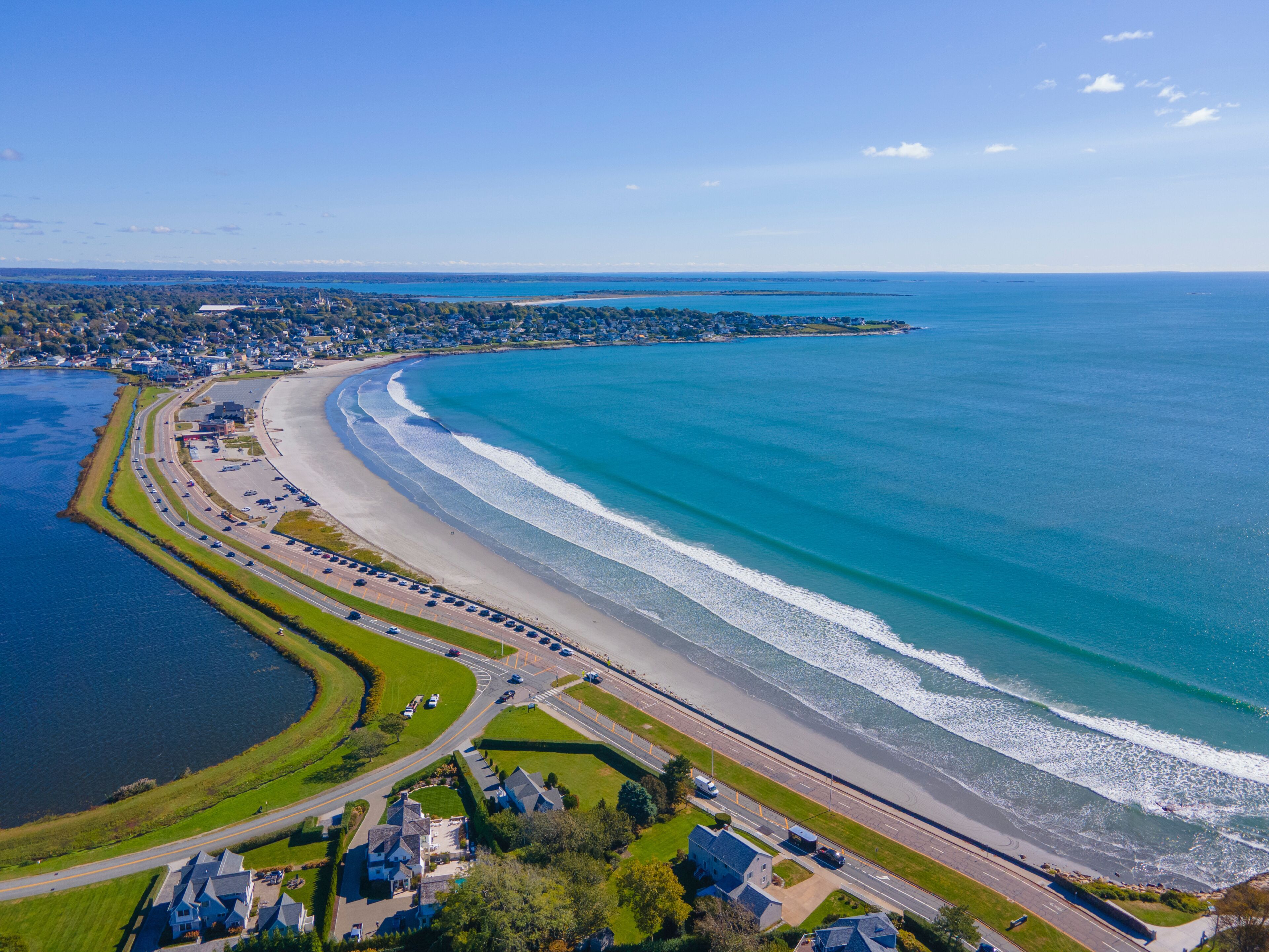 Easton Beach aerial view in fall between city of Newport and Middletown, Rhode Island RI, USA. 