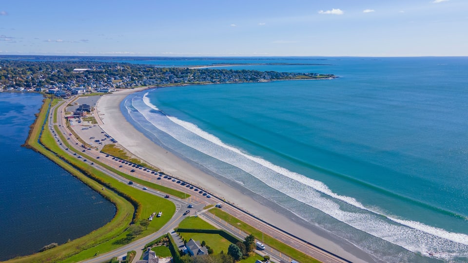 Easton Beach aerial view in fall between city of Newport and Middletown, Rhode Island RI, USA.