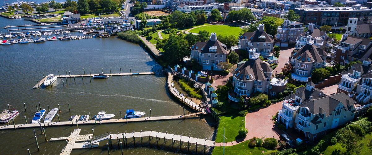 A marina with boats, a waterfront promenade, and residential buildings.