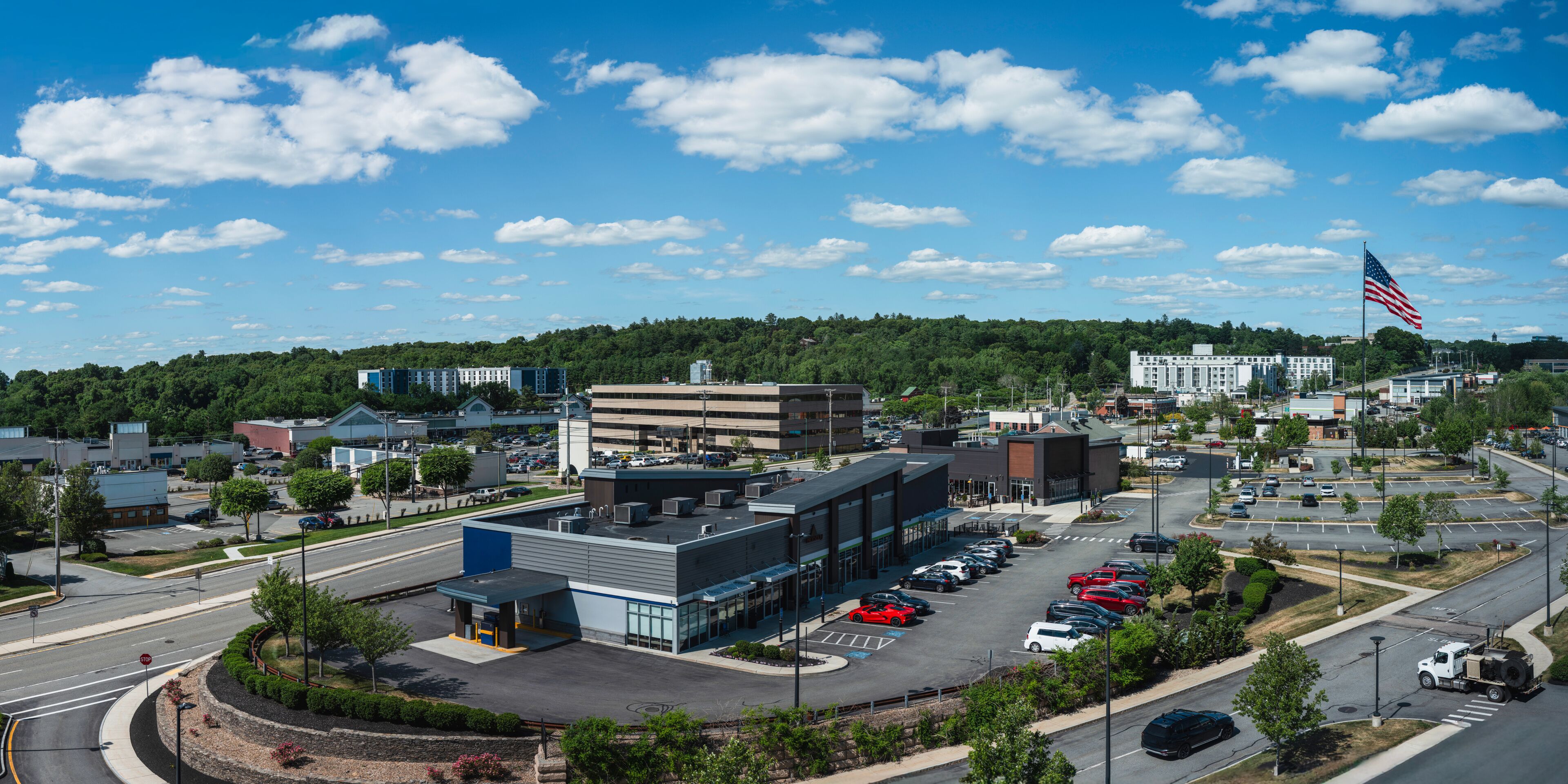 Marlborough downtown panoramic skyline with white clouds in the big blue sky in Massachusetts, USA