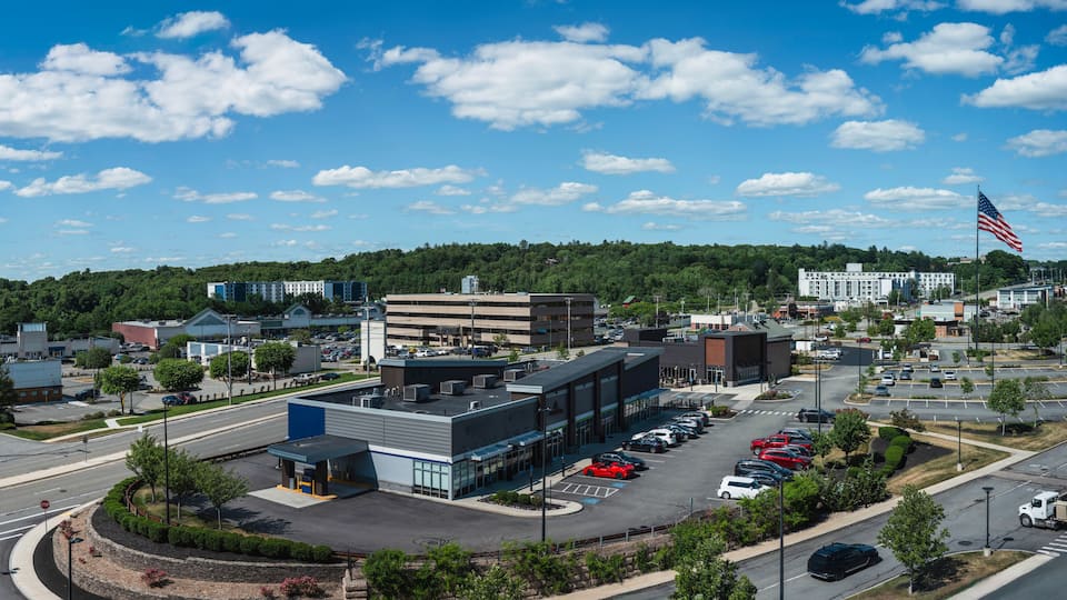 Marlborough downtown panoramic skyline with white clouds in the big blue sky in Massachusetts, USA