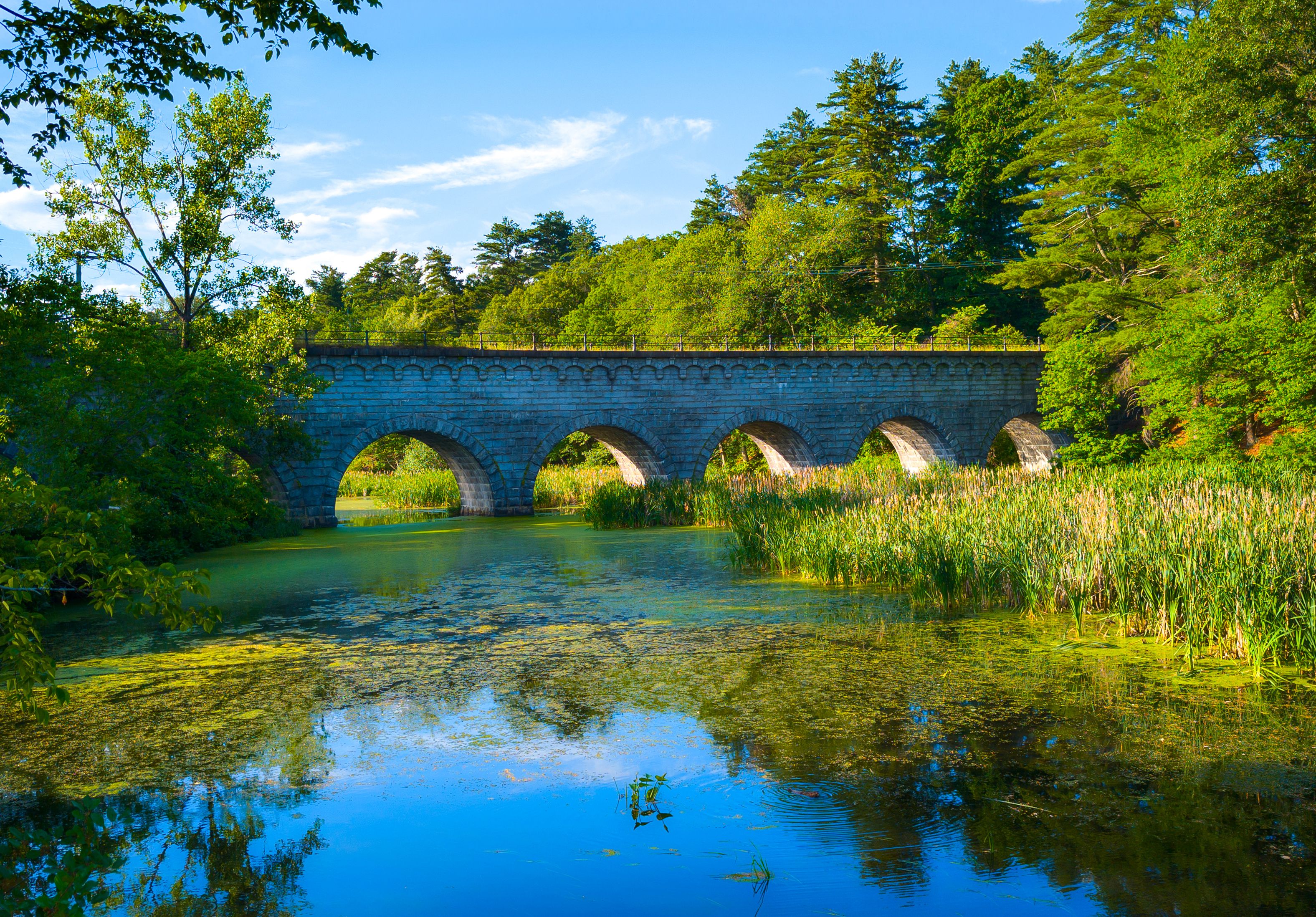Historic Wachusett Aqueduct and wildlife conservation area at the Assabet River Reservoir in Marlborough, Massachusetts, USA