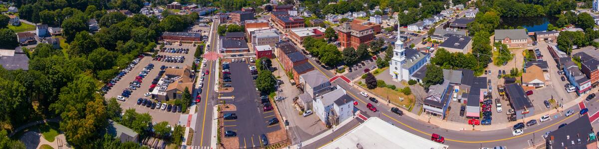 Hudson historic town center aerial view including Unitarian Church Marlborough and Town Hall on Main Street in town of Hudson, Massachusetts MA, USA.
