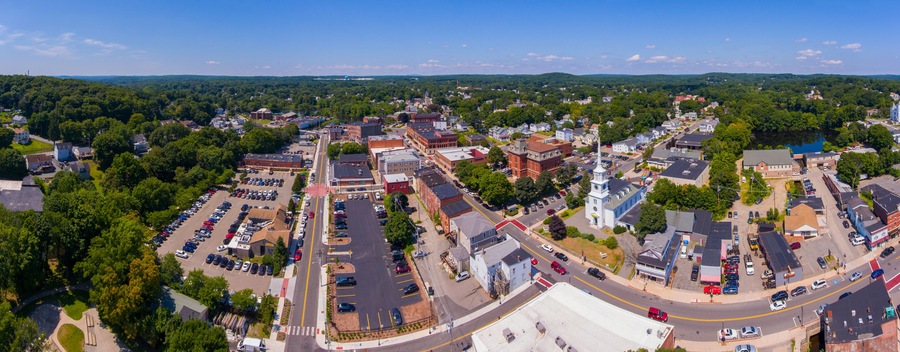 Hudson historic town center aerial view including Unitarian Church Marlborough and Town Hall on Main Street in town of Hudson, Massachusetts MA, USA.