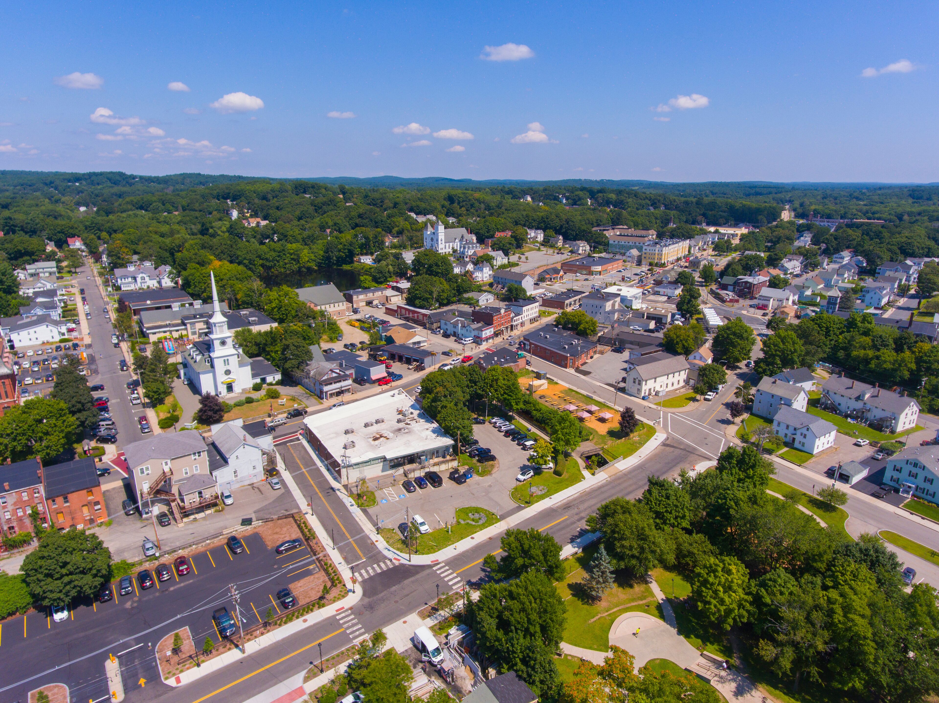Hudson historic town center aerial view including Unitarian Church Marlborough and Town Hall on Main Street in town of Hudson, Massachusetts MA, USA. 