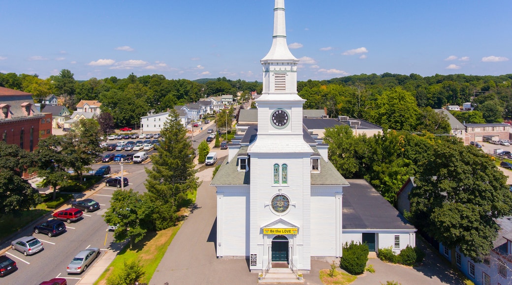 Unitarian Church Marlborough and Town Hall aerial view on Main Street in town center of Hudson, Massachusetts MA, USA.