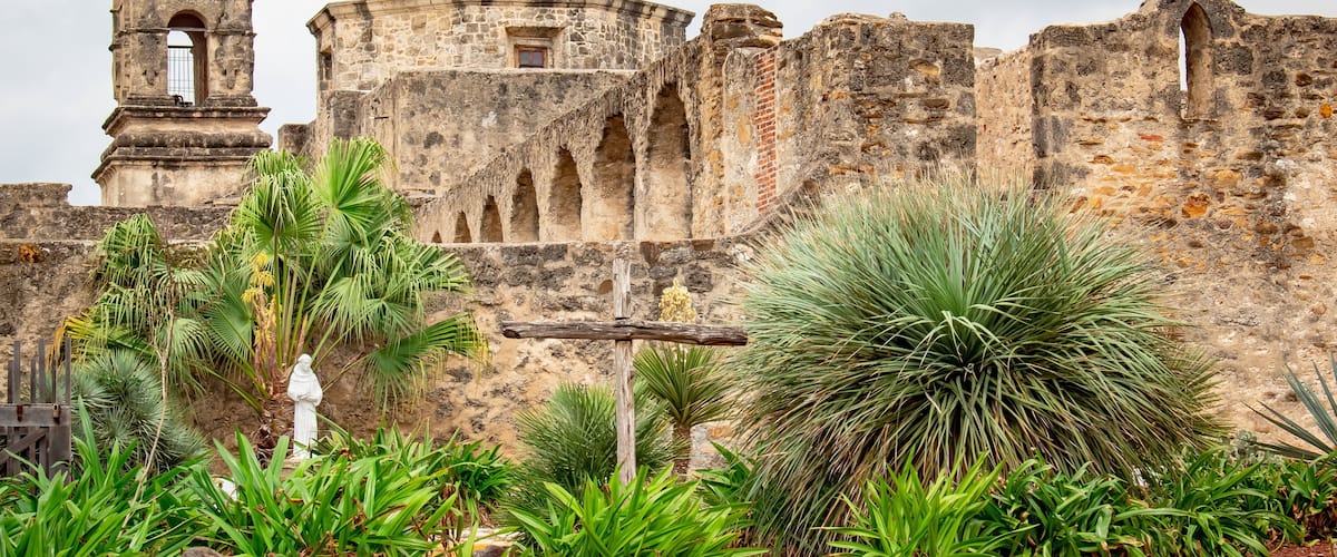 Historic architecture Spanish San Antonio Texas Mission San Jose on a cloudy day