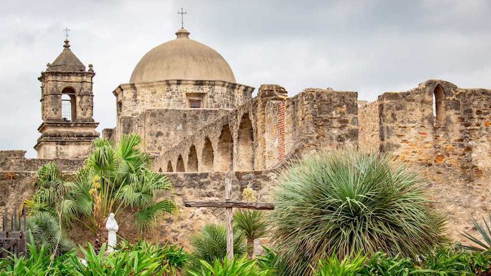 Historic architecture Spanish San Antonio Texas Mission San Jose on a cloudy day