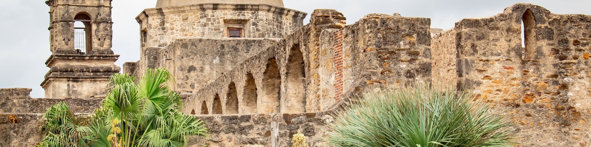 Historic architecture Spanish San Antonio Texas Mission San Jose on a cloudy day