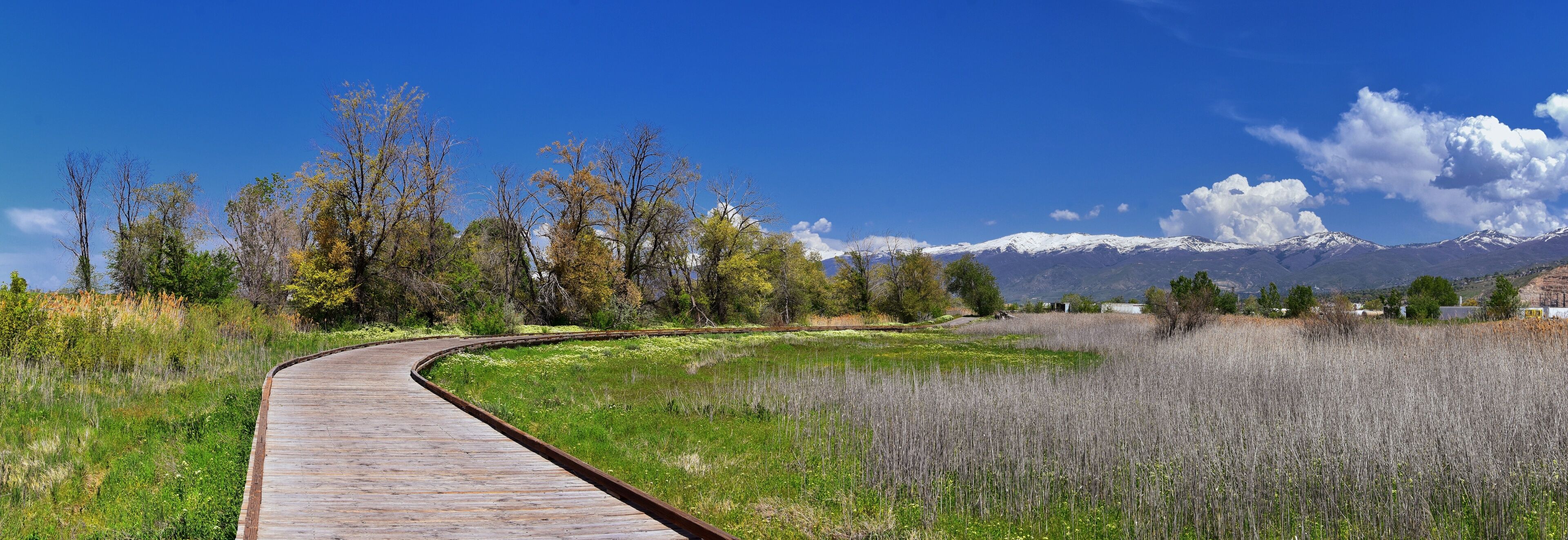 Jordan River Parkway Trail, Redwood Trailhead bordering the Legacy Parkway Trail, panorama views with surrounding trees and silt filled muddy water along the Rocky Mountains, Salt Lake City, Utah. 