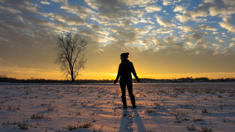 A person standing in a snowy field with a tree and a sunset in the background.