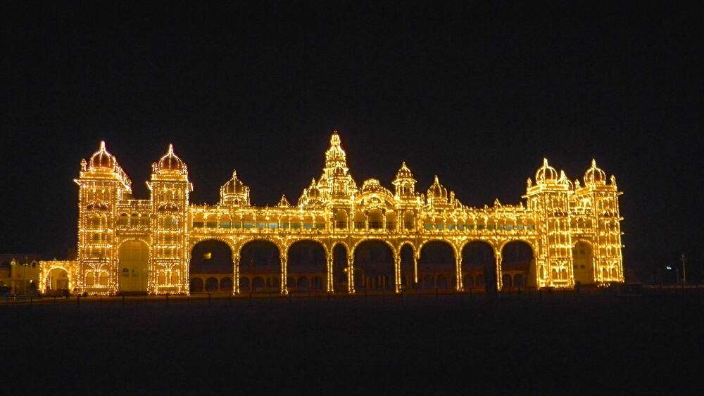 Mysore showing night scenes, château or palace and heritage architecture