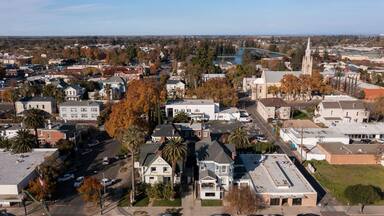 Afternoon aerial view the downtown area and surrounding neighborhoods of Marysville, California, USA.