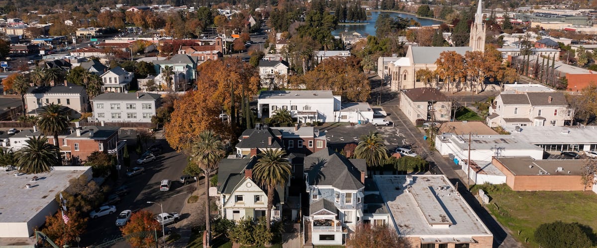 Afternoon aerial view the downtown area and surrounding neighborhoods of Marysville, California, USA.