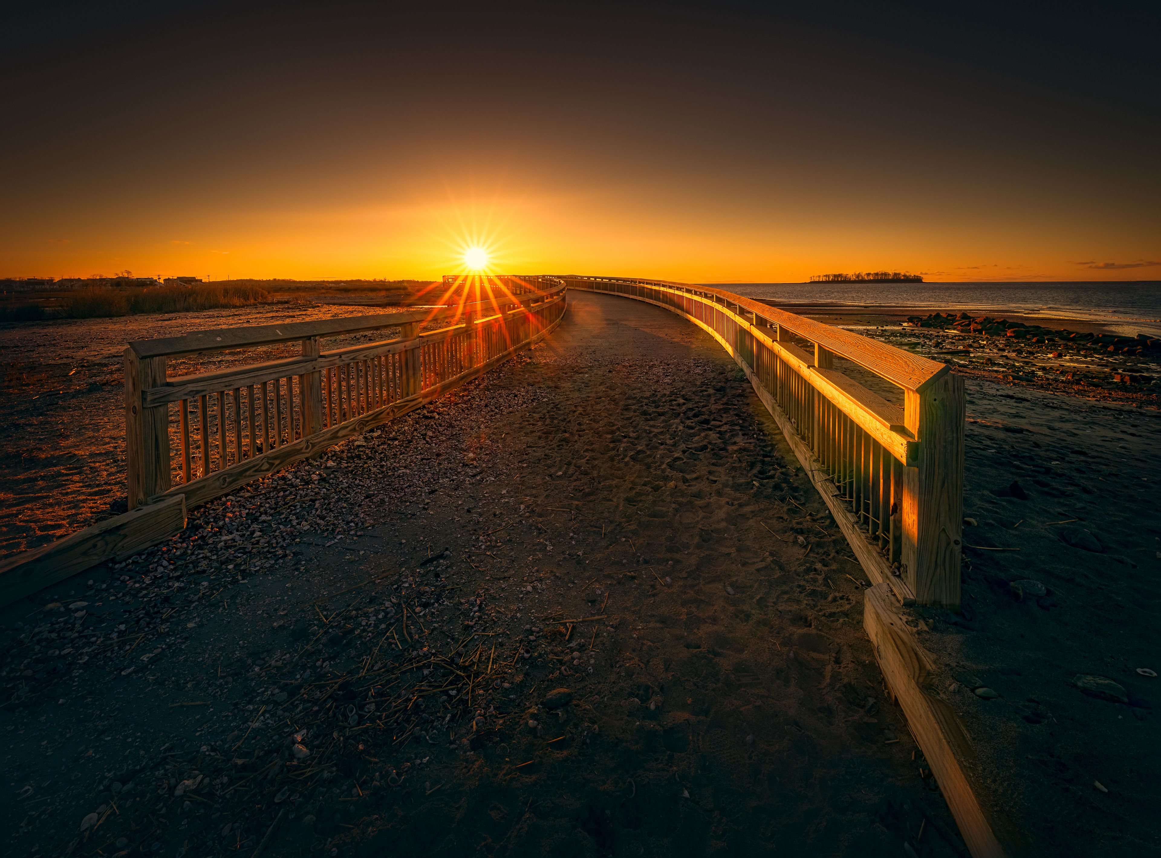 Spring 2018 sunrise by the Boardwalk at Silver Sands State Park in Milford, Connecticut, USA.