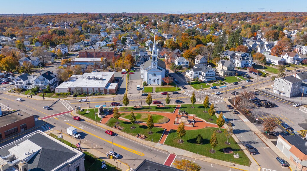 First Congregational Church aerial view in fall at Draper Memorial Park at 4 Congress Street in historic town center of Milford, Massachusetts MA, USA.