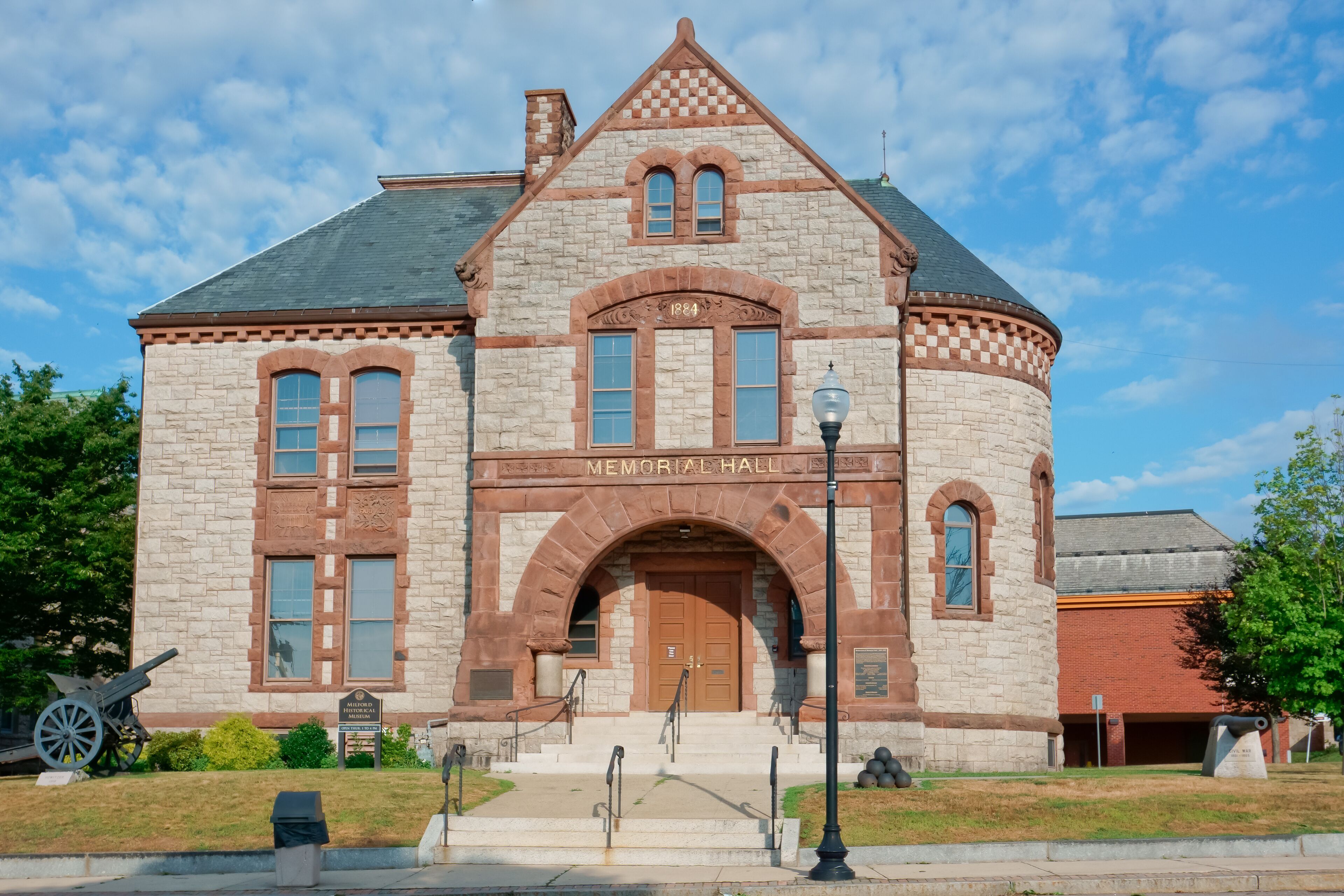 Historical and Romanesque style memorial hall Milford MA USA