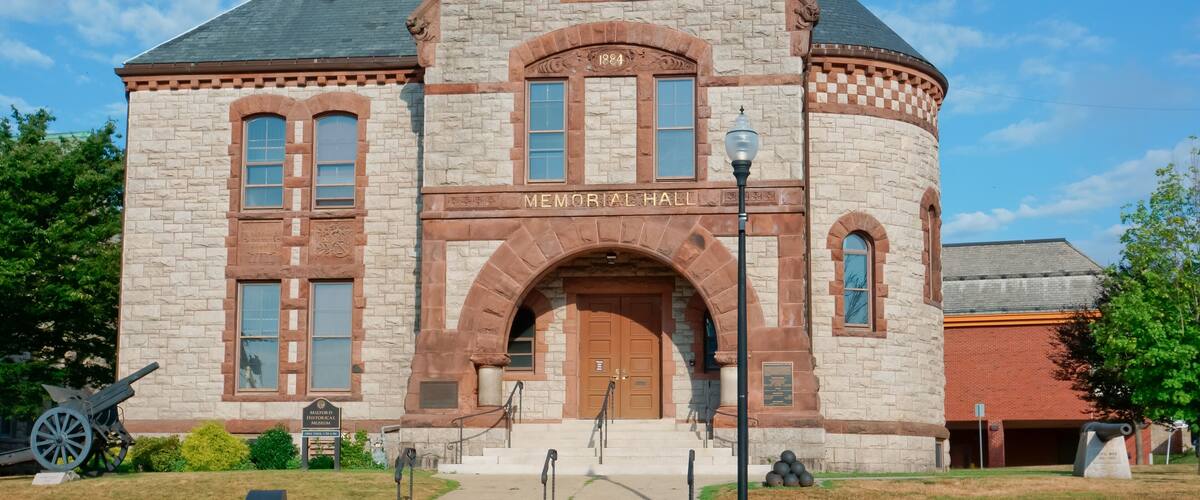 Historical and Romanesque style memorial hall Milford MA USA