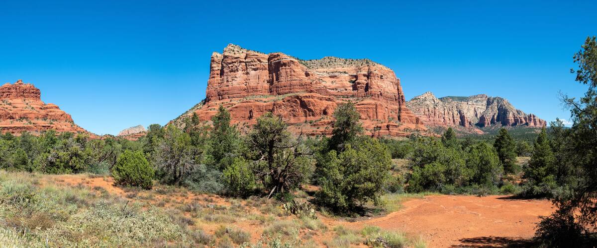 A desert landscape with red rock formations and sparse vegetation.