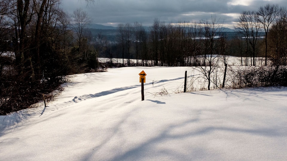 A snow-covered landscape with a wooden post and a yellow sign in the center.