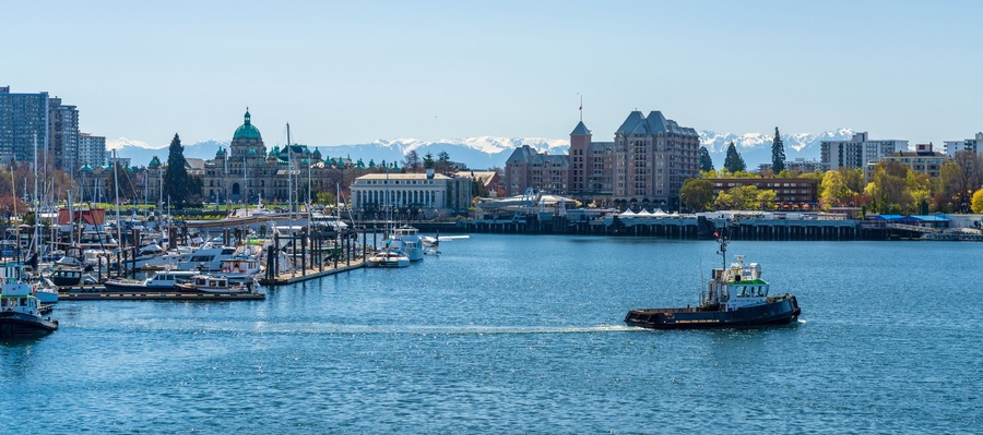A harbor with boats, a large building with a green dome, and snow-capped mountains in the background.