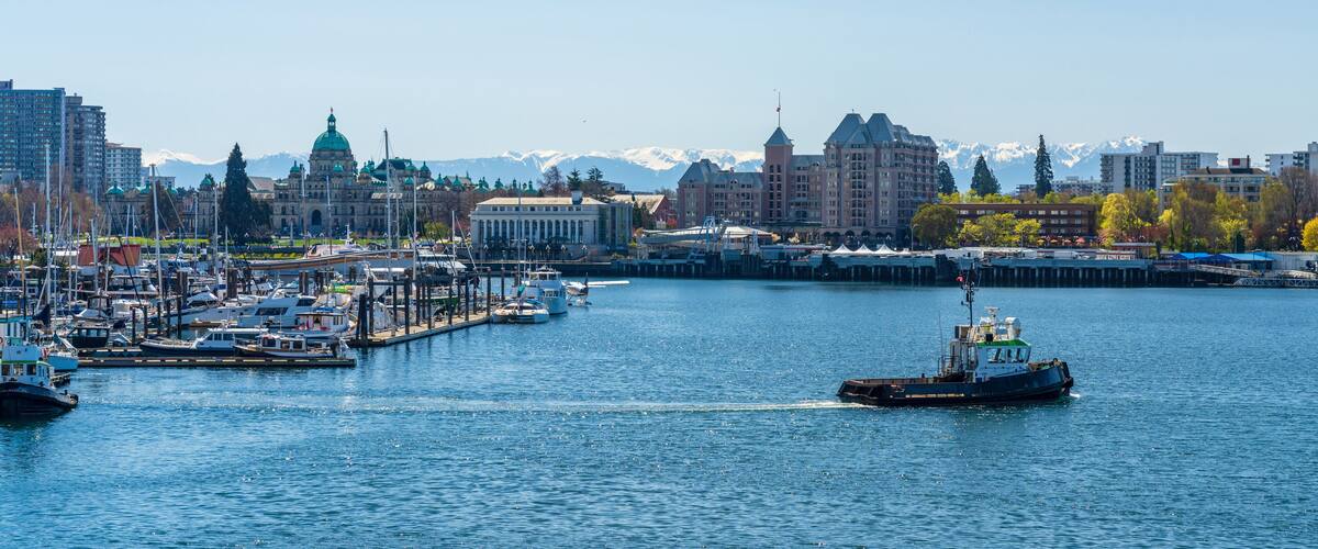 A harbor with boats, a large building with a green dome, and snow-capped mountains in the background.