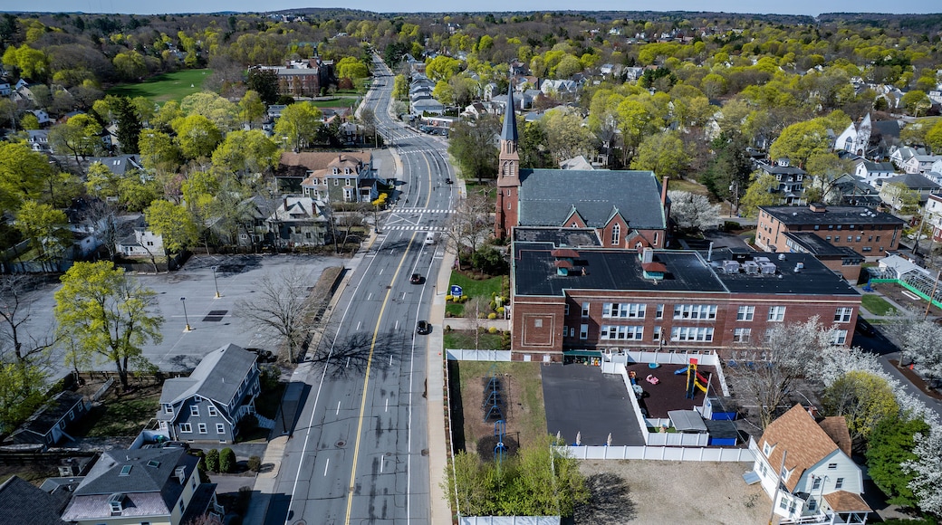 Aerial view of Newton, Massachusetts in spring