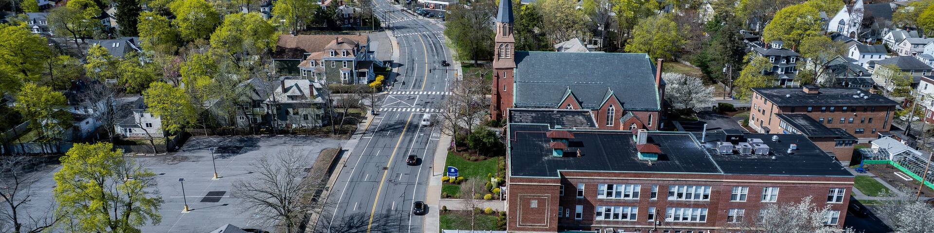 Aerial view of Newton, Massachusetts in spring