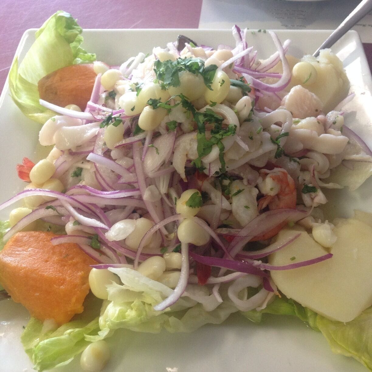 Very authentic Peruvian food. The is the ceviche for two and it is huge! The huancaina sauce is out of this world too, make sure you grab an appetizer with this saucy goodness. 