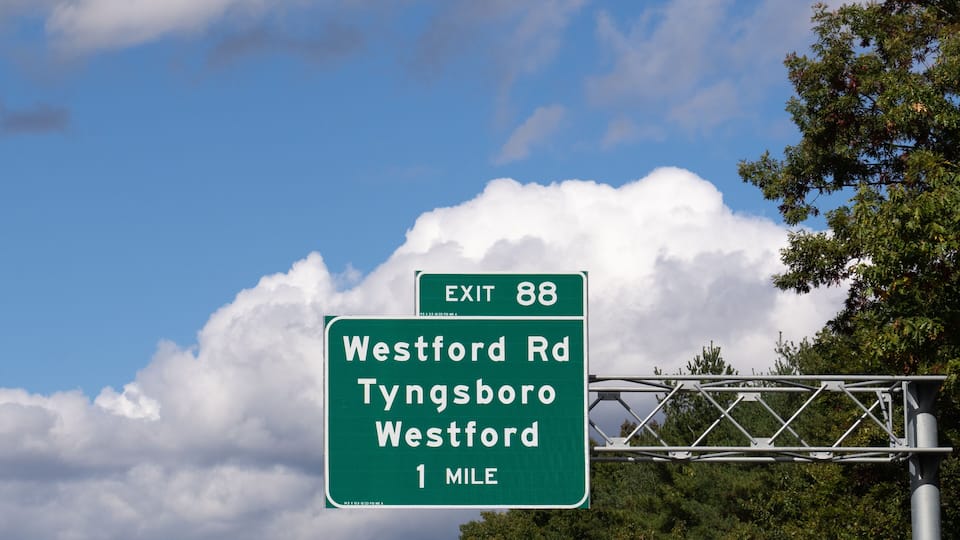 A highway exit sign for Exit 88, listing Westford Rd, Tynesboro, and Westford, 1 mile ahead.