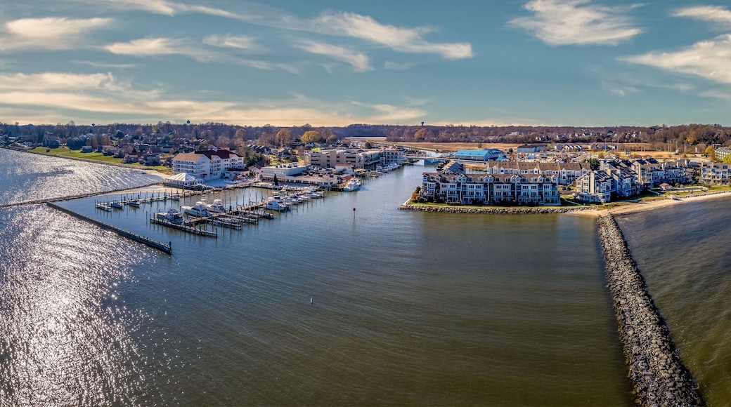 Aerial view of Chesapeake Beach marina with luxury sail boats, beach house apartments, fishing boats near the water park popular vacation spot for Washington residents in Calvery county Maryland