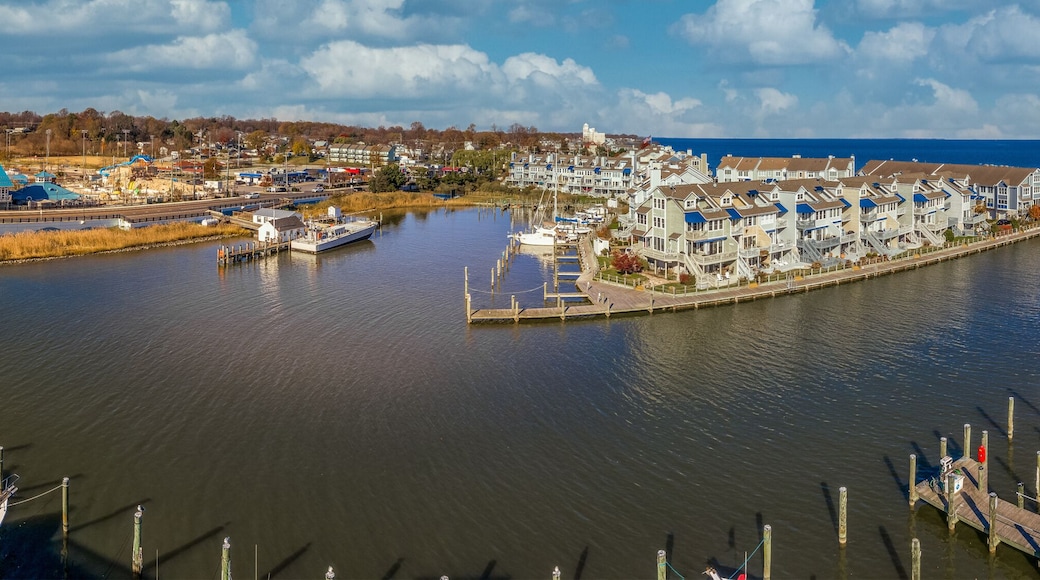 Aerial view of Chesapeake Beach marina with luxury sail boats, beach house apartments, fishing boats near the water park popular vacation spot for Washington residents in Calvery county Maryland