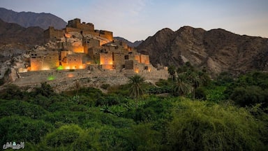 (The eye village)
It originated in the tenth century AH and is more than 400 years old. The village was built on top of a white mountain and is famous for planting bananas, lemons, peppers, basil, cady, and handicrafts. The village includes many houses consisting of two to four floors, a small mosque and many forts used to defend the village and observe. The village has its own association that takes care of its affairs, as the association published a statistic for the number of visitors and they have reached 100,000 since the association was established only. The village is also among ten sites that the Saudi government approved in November 2014 to ask UNESCO to include it in the World Heritage List in the coming years