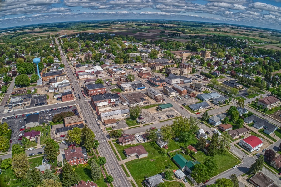 Aerial View of the small minnesota town of Caledonia