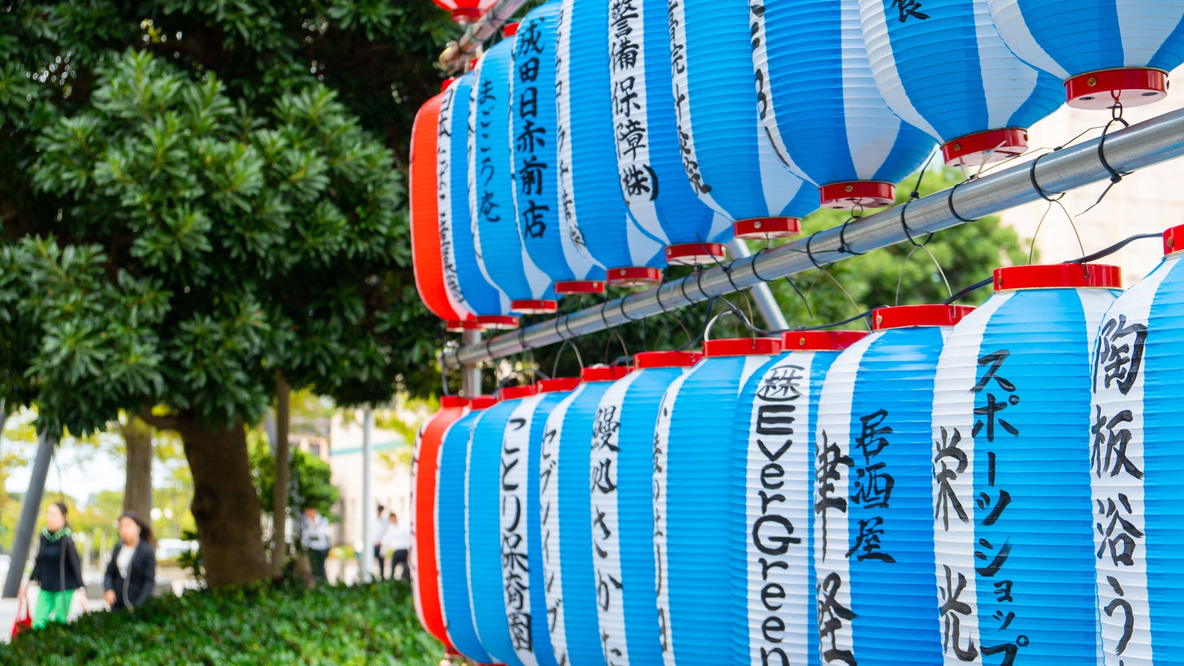 A row of blue and white lanterns with Japanese writing, hanging from a metal structure.