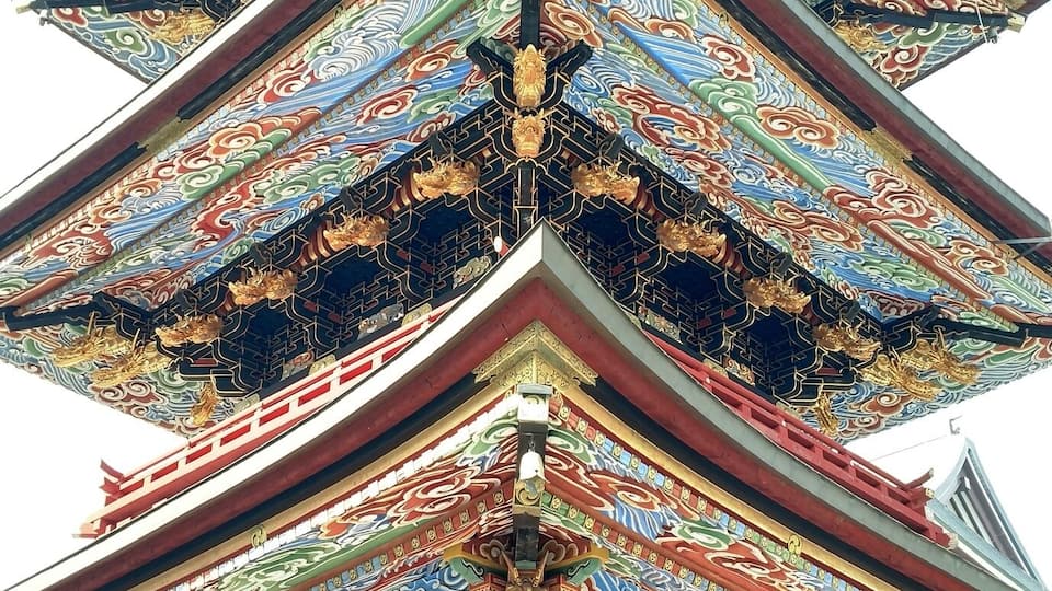 The great Pagoda of peace in the grounds of Naritasan Temple.
Enshrined in the first floor is Gonchi-Nyorai a Buddhist monk believed to be endowed with all 5 wisdoms of Buddha.