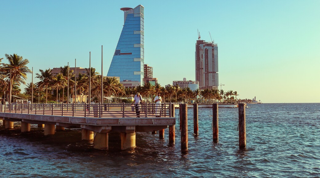 Modern skyscraper and luxury skyline on Jeddah waterfront corniche at sunset, Red Sea coast, Saudi Arabia