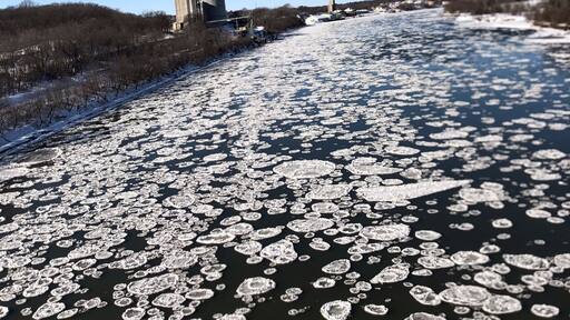 Interesting ice patches as we crossed the Missouri River on a funky see through bridge. Not for the faint hearted to drive on that bridge.