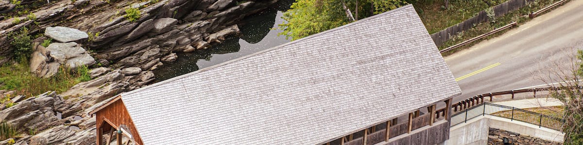 aerial view of the Quechee Covered Bridge, over the Ottauquechee River, Quechee Vermont