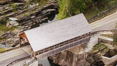 aerial view of the Quechee Covered Bridge, over the Ottauquechee River, Quechee Vermont