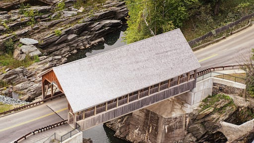 aerial view of the Quechee Covered Bridge, over the Ottauquechee River, Quechee Vermont