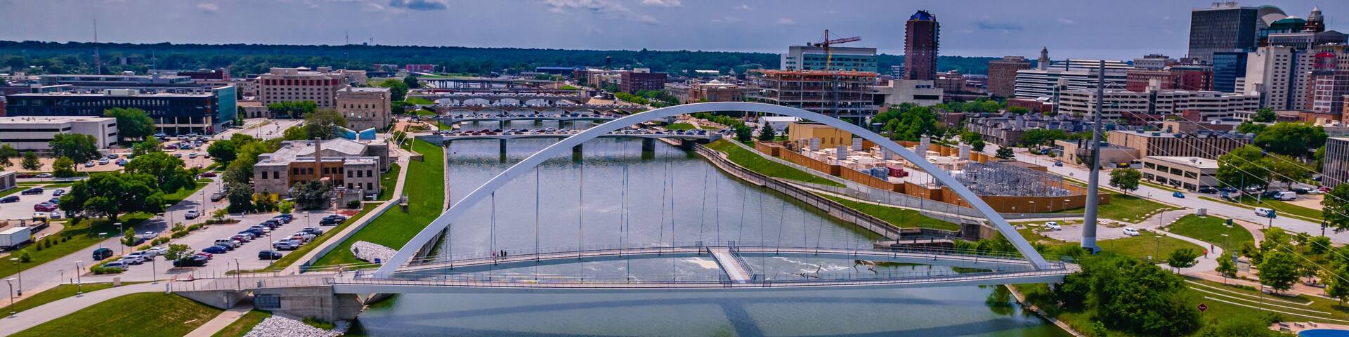 Aerial shot of the Iowa Women of Achievement Bridge in Downtown Des Moines, Iowa