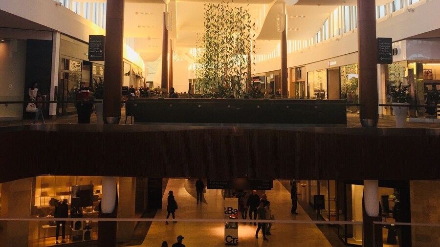 The sunset lights up the beautiful interior of the Natick Mall.