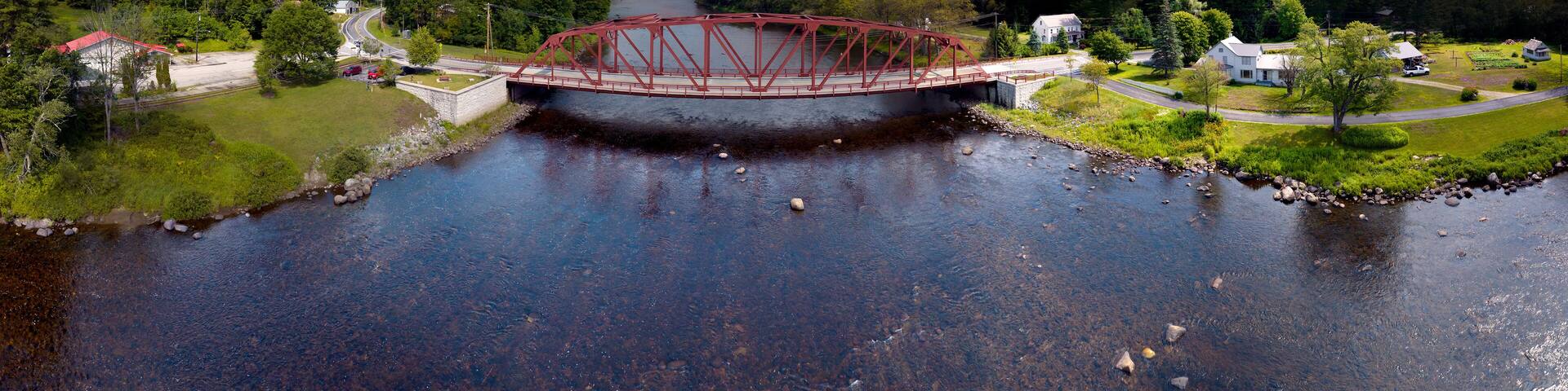 Aerial view of Hudson River in upstate New York, Chestertown, Riparius Bridge. July 12, 2022