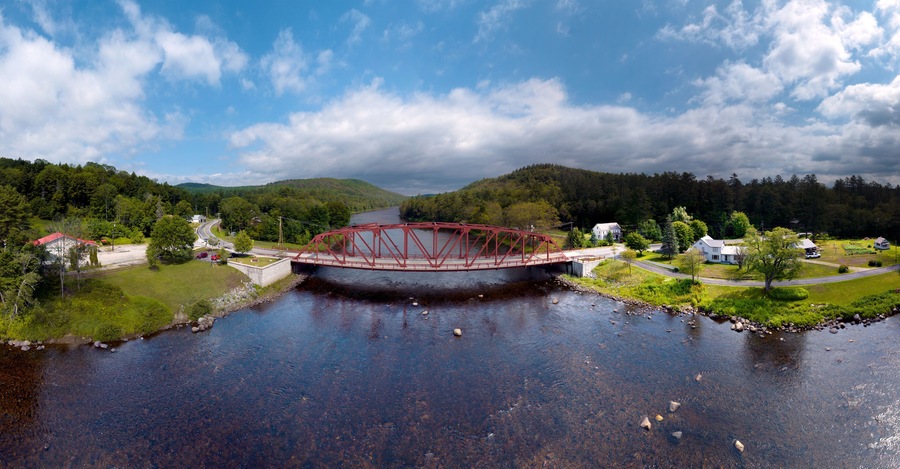 Aerial view of Hudson River in upstate New York, Chestertown, Riparius Bridge. July 12, 2022