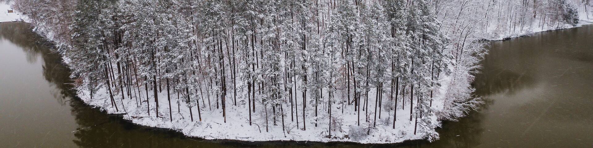 Aerial of Lake Vesuvius on Snowy Winter Day - Wayne National Forest - Ohio